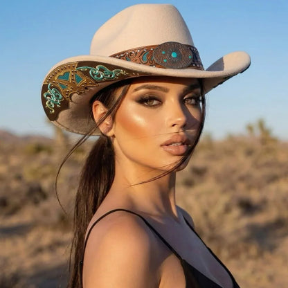 Chapeau Cowboy Western Vintage Beige Conchos Turquoise
