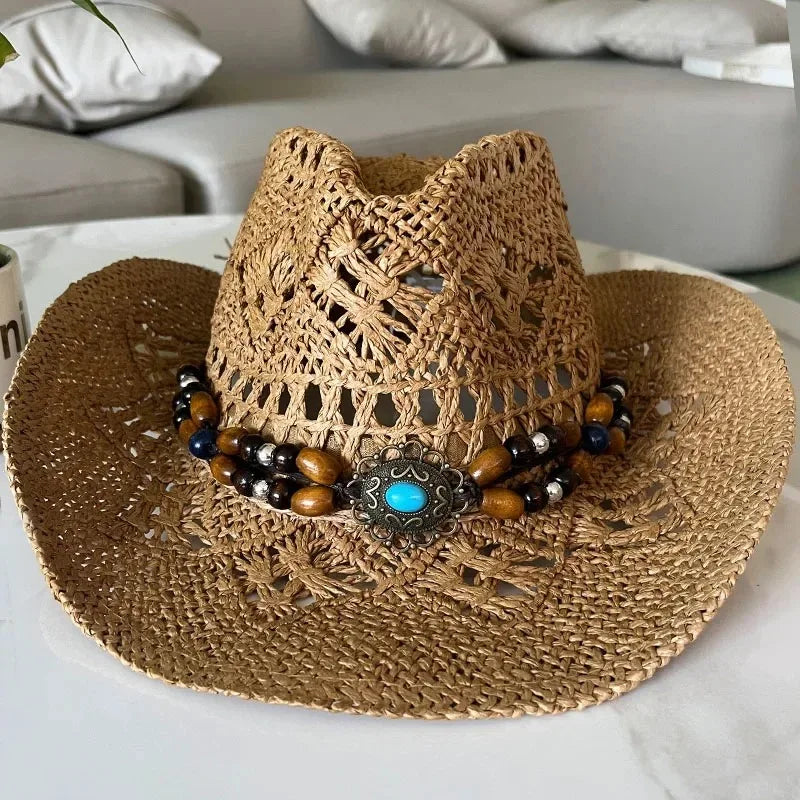 Chapeau Cowboy Bohème Vintage Paille Perles Coquillages