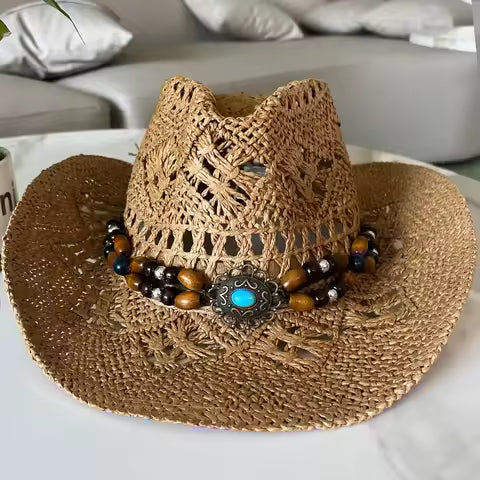 Chapeau Cowboy Bohème Vintage Paille Perles Coquillages