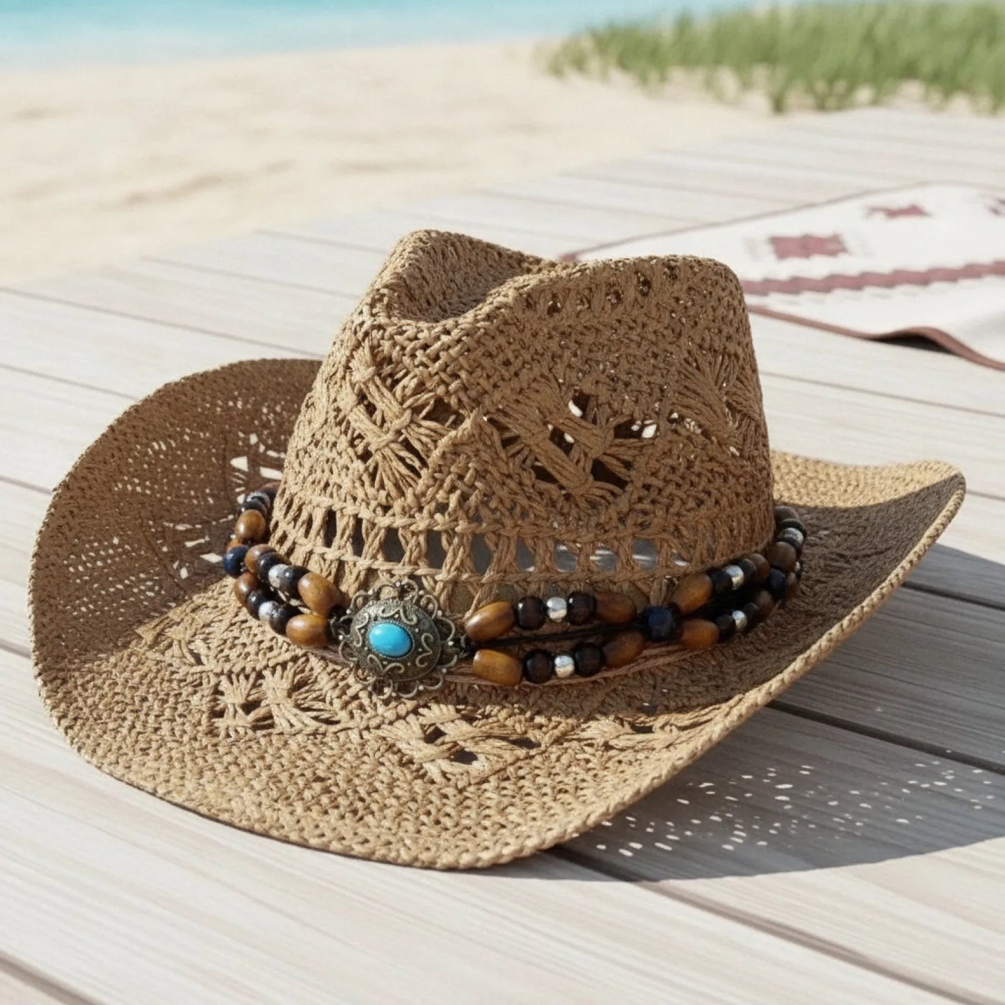 Chapeau Cowboy Bohème Vintage Paille Perles Coquillages