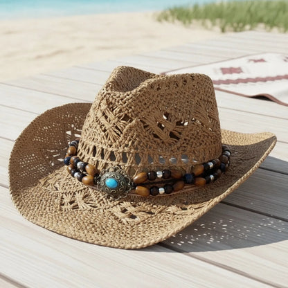 Chapeau Cowboy Bohème Vintage Paille Perles Coquillages