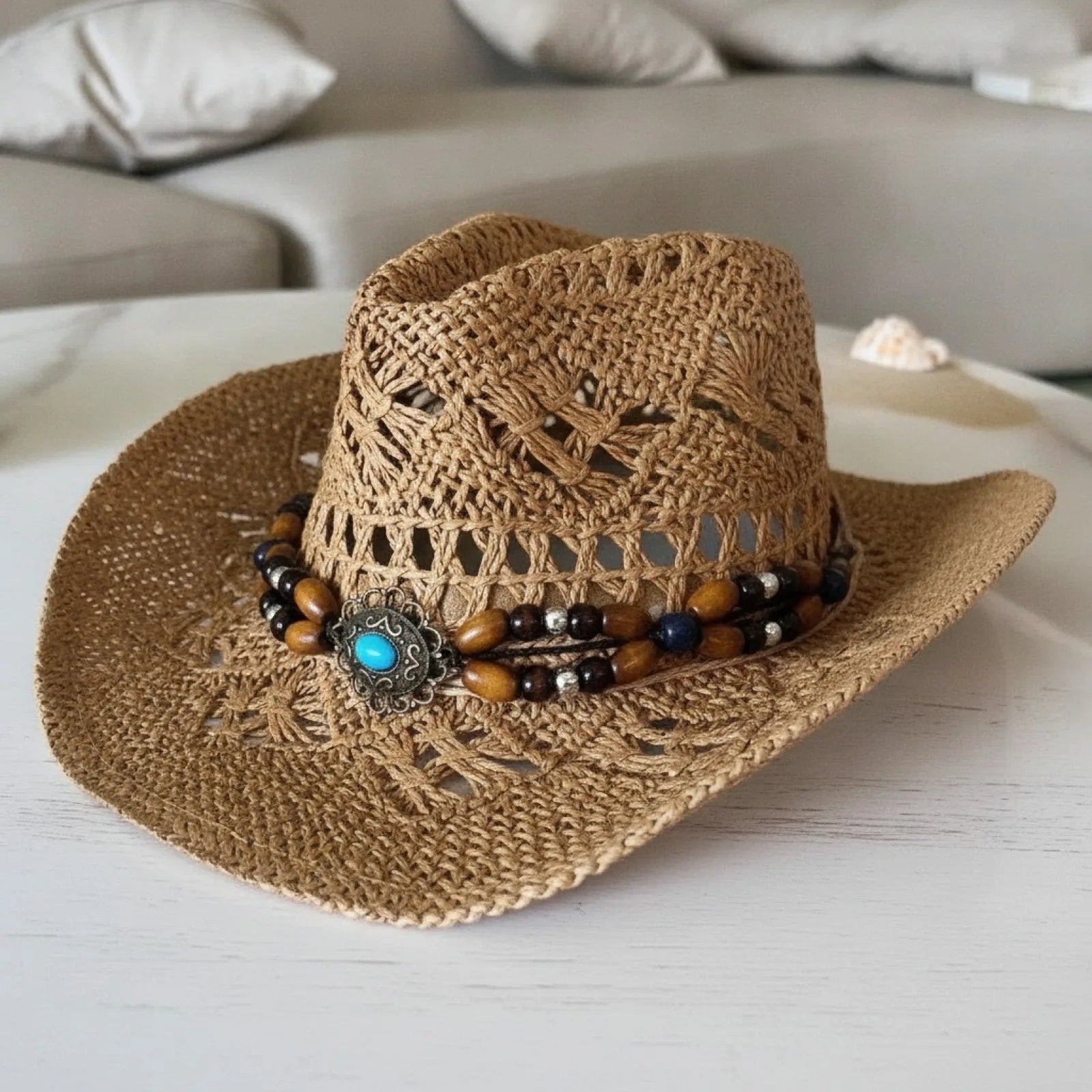 Chapeau Cowboy Bohème Vintage Paille Perles Coquillages