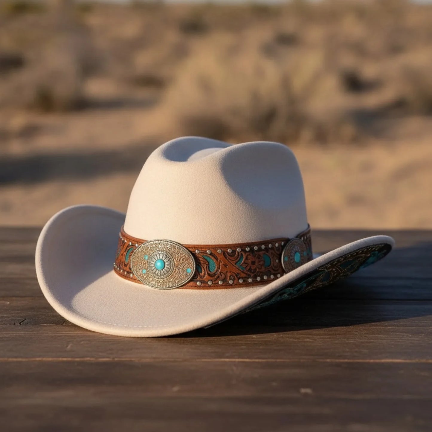 Chapeau Cowboy Western Vintage Beige Conchos Turquoise