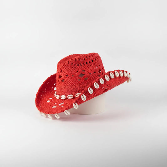 Chapeau Cowboy Rouge Bohème Coquillages Femme