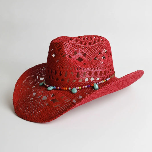 Chapeau Cowboy Rouge Paille Rétro Été