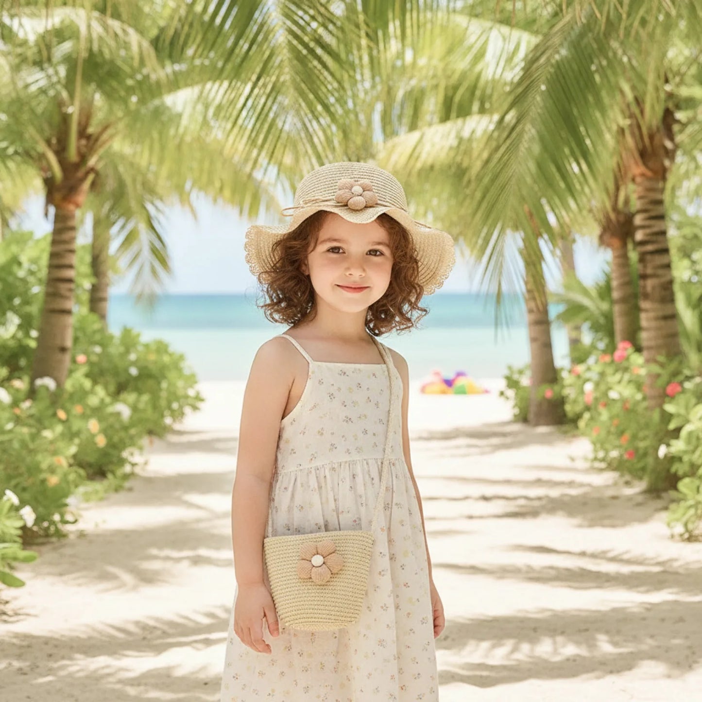 Casquette Paille Fleurie & Sac Enfant 2-8 ans