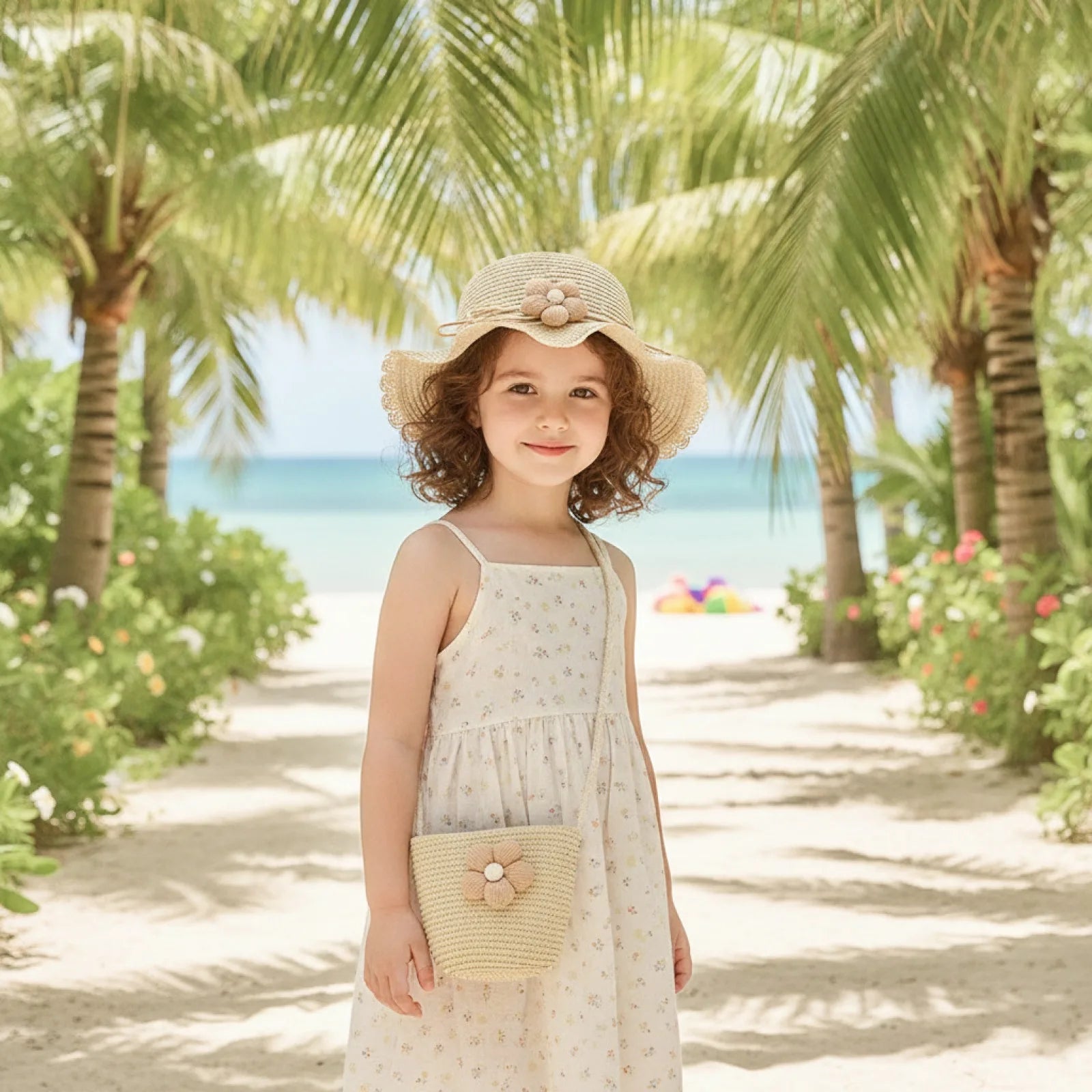 Casquette Paille Fleurie & Sac Enfant 2-8 ans