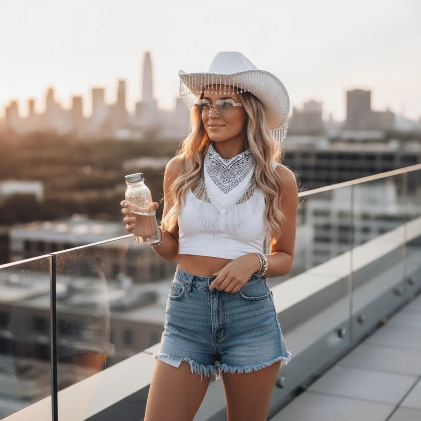 Lot 3 Accessoires Fête : Chapeau Cowboy Strass, Bandana & Lunettes Cœur