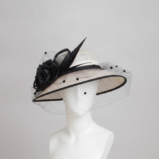 Chapeau Cérémonie Large Bord Beige & Blanc