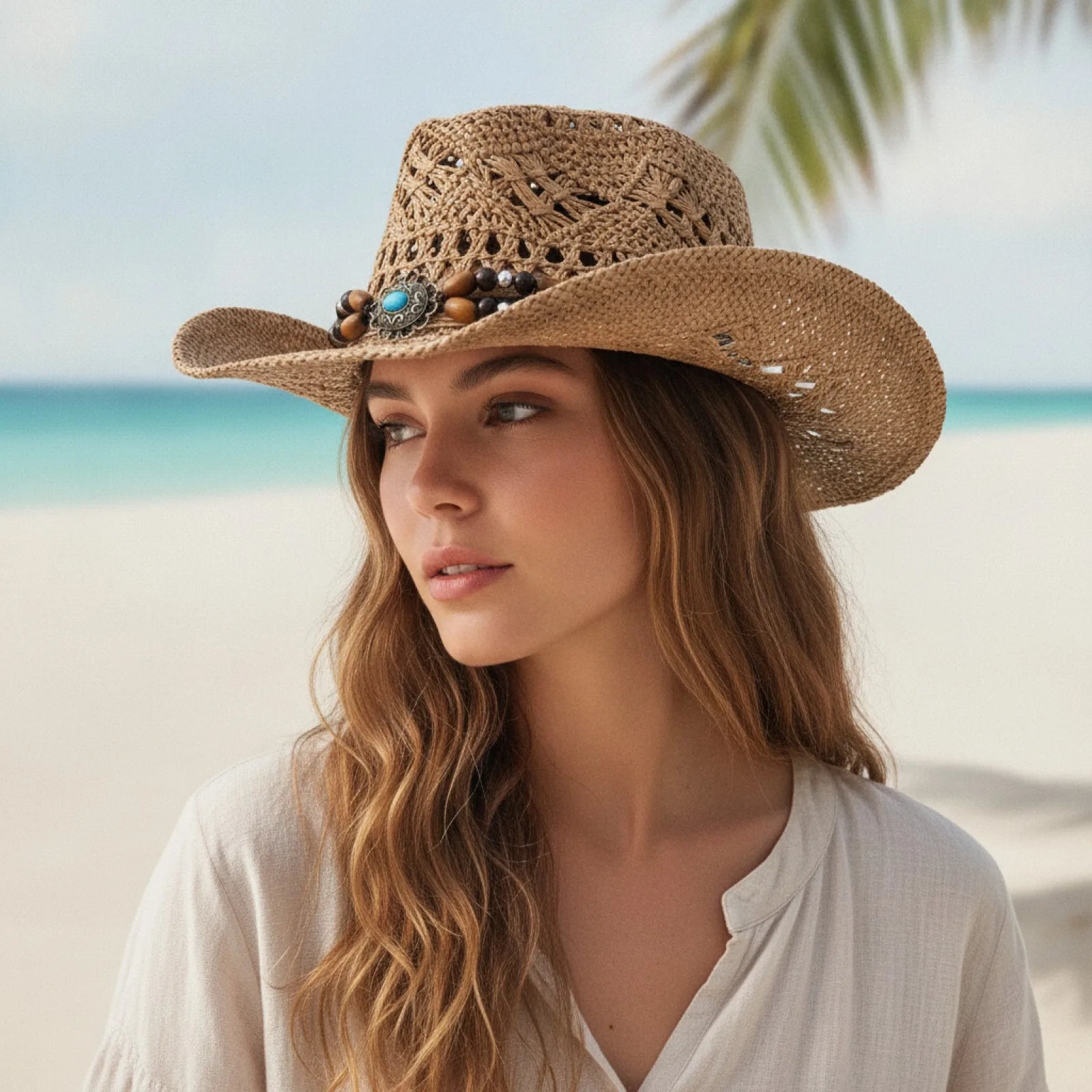 Chapeau Cowboy Bohème Vintage Paille Perles Coquillages